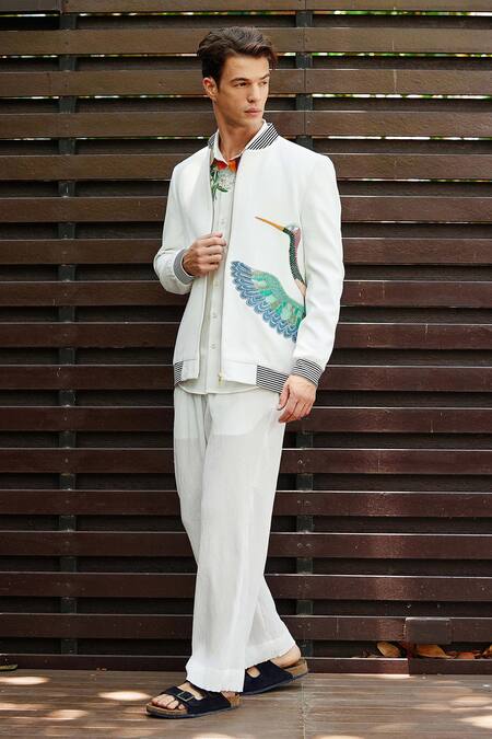 Shop Nautanky White Polyester Embroidery Song Bird Bomber Jacket With Pant Online at Aza Fashions Shop_Nautanky_White Polyester Embroidery Song Bird Bomber Jacket With Pant _Online_at_Aza_Fashions