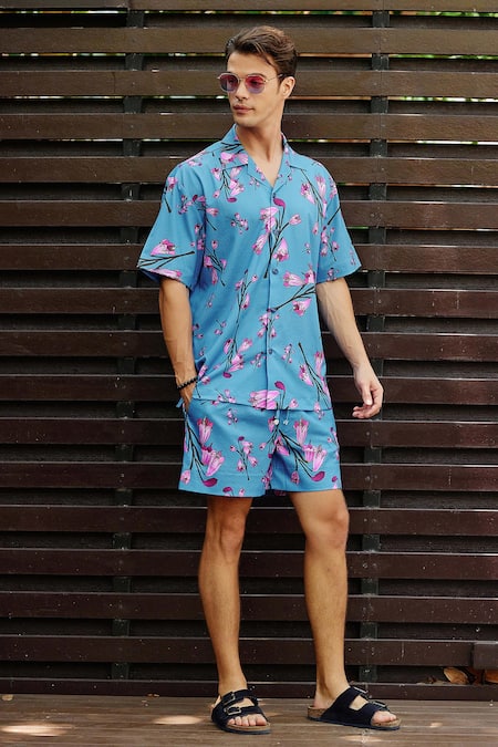 Nautanky Blue Fluid Cotton Printed Blossom Nirvana Shirt With Shorts 