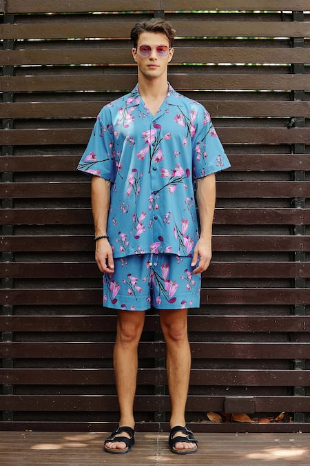 Nautanky Blue Cotton Nirvana Printed Shirt With Shorts Online at Aza Fashions Nautanky_Blue Cotton Nirvana Printed Shirt With Shorts _Online_at_Aza_Fashions