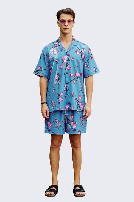 Buy Nautanky Blue Cotton Nirvana Printed Shirt With Shorts Online at Aza Fashions Buy_Nautanky_Blue Cotton Nirvana Printed Shirt With Shorts _Online_at_Aza_Fashions