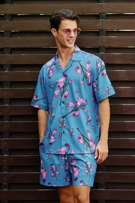 Nautanky Blue Cotton Nirvana Printed Shirt With Shorts at Aza Fashions Nautanky_Blue Cotton Nirvana Printed Shirt With Shorts _at_Aza_Fashions