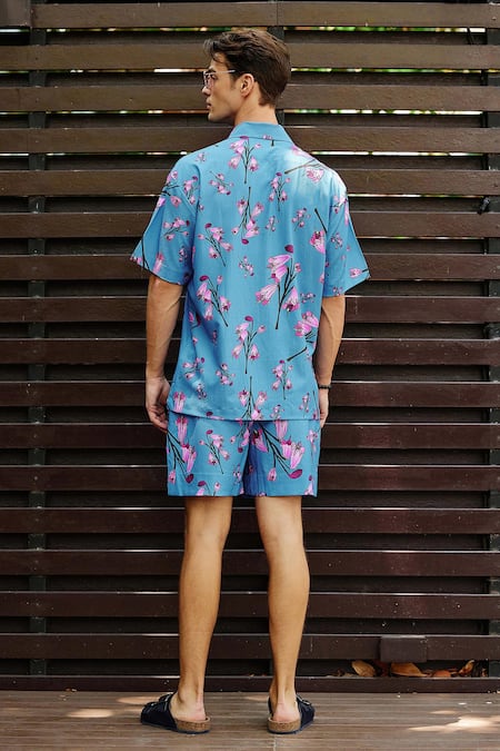 Shop Nautanky Blue Cotton Nirvana Printed Shirt With Shorts at Aza Fashions Shop_Nautanky_Blue Cotton Nirvana Printed Shirt With Shorts _at_Aza_Fashions