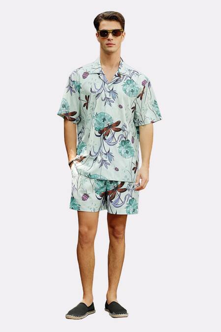 Nautanky_Green Cotton Exotic Print Shirt With Shorts _Online_at_Aza_Fashions