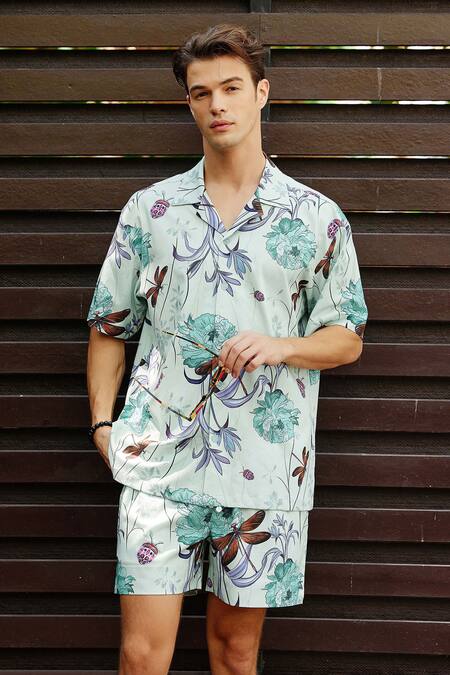 Nautanky_Green Cotton Exotic Print Shirt With Shorts _at_Aza_Fashions