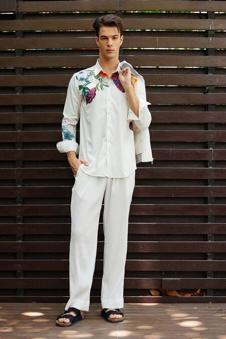 Nautanky_White Polyester Embroidery Wilderness Printed Shirt With Pant _Online_at_Aza_Fashions
