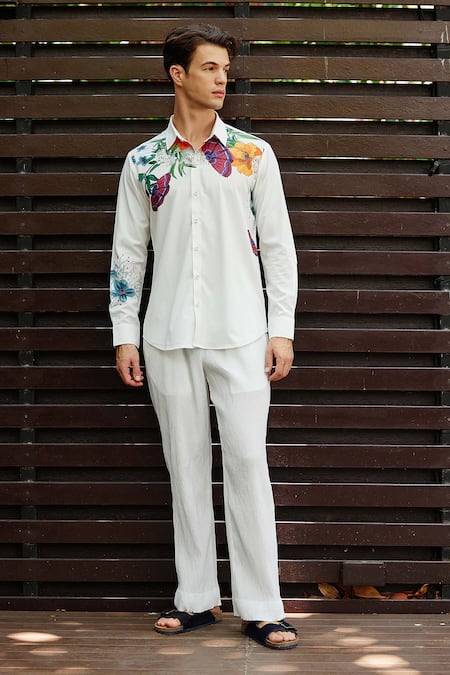 Shop_Nautanky_White Polyester Embroidery Wilderness Printed Shirt With Pant _at_Aza_Fashions