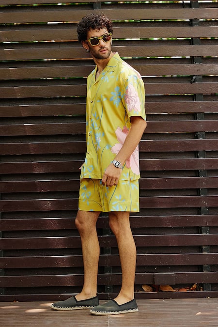 Shop Nautanky Yellow Cotton Sundaze Printed Shirt With Shorts Online at Aza Fashions Shop_Nautanky_Yellow Cotton Sundaze Printed Shirt With Shorts _Online_at_Aza_Fashions