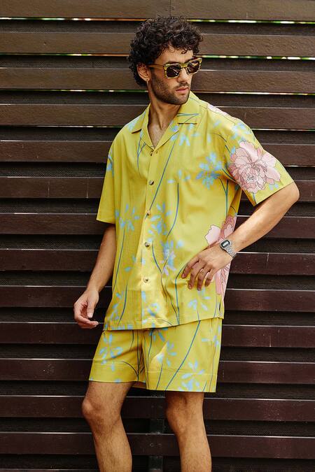 Nautanky Yellow Cotton Sundaze Printed Shirt With Shorts at Aza Fashions Nautanky_Yellow Cotton Sundaze Printed Shirt With Shorts _at_Aza_Fashions