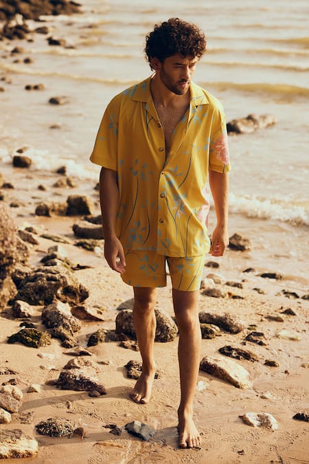 Shop Nautanky Yellow Cotton Sundaze Printed Shirt With Shorts Shop_Nautanky_Yellow Cotton Sundaze Printed Shirt With Shorts