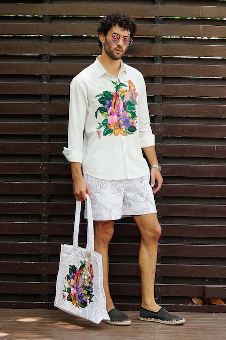 Nautanky White Snake Skin Texture Printed Meadow Shirt With Shorts