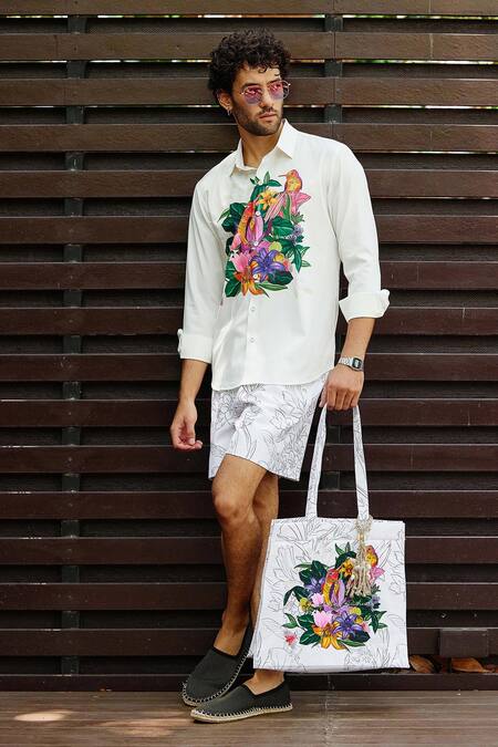 Nautanky White Polyester Meadow Printed Shirt With Shorts Online at Aza Fashions Nautanky_White Polyester Meadow Printed Shirt With Shorts _Online_at_Aza_Fashions