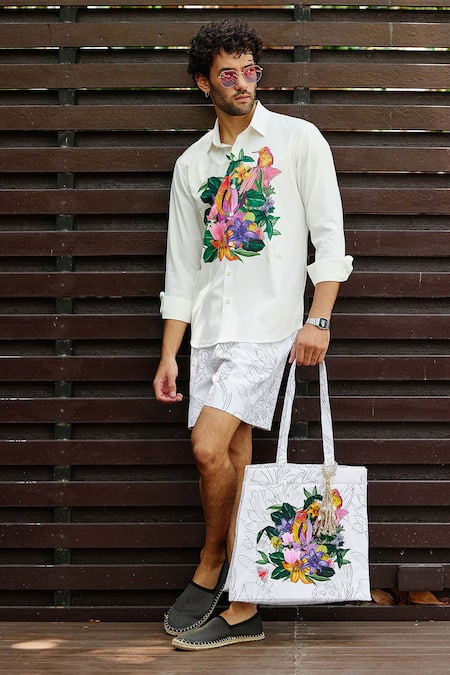 Nautanky_White Tassels Meadow Print Tote Bag _Online_at_Aza_Fashions