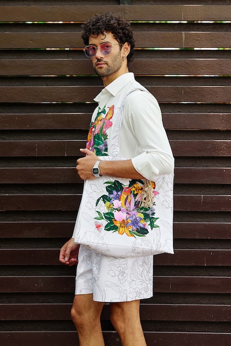 Nautanky_White Tassels Meadow Print Tote Bag _at_Aza_Fashions