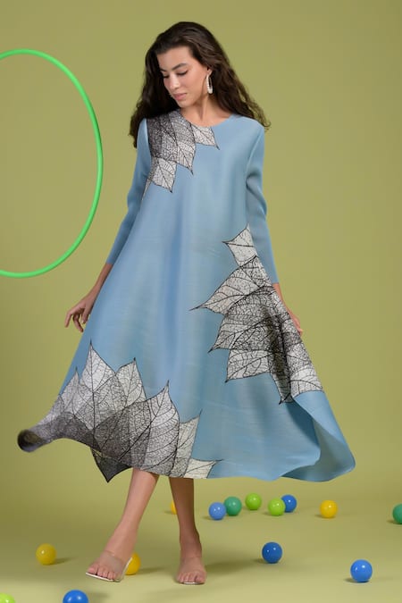 Tasuvure Blue Pleated Polyester Printed Geometric Round Alissa Abstract Dress