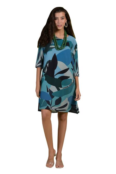 Shop_Tasuvure_Green Polyester Round Neck Alissa Abstract Print A-line Dress _Online_at_Aza_Fashions
