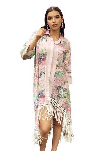 Tasuvure_Pink Cotton, Muslin Fringe Collared Boho Bedazzled Botanical Dress_Online_at_Aza_Fashions