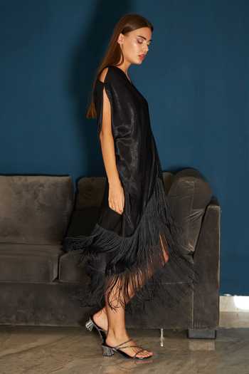Tasuvure_Black Satin Fringe V-neck Sicily Pleated Slip Dress_Online_at_Aza_Fashions
