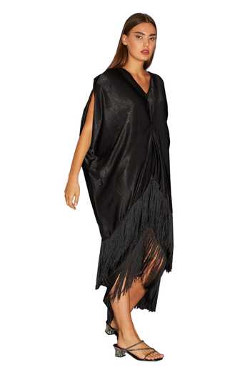 Buy_Tasuvure_Black Satin Fringe V-neck Sicily Pleated Slip Dress_Online_at_Aza_Fashions