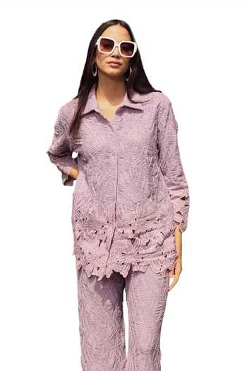 Tasuvure_Purple Cotton, Lace Embroidery, Cut Myra Mesh Floral Pattern Shirt With Pant_Online_at_Aza_Fashions
