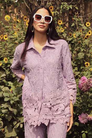 Buy_Tasuvure_Purple Cotton, Lace Embroidery, Cut Myra Mesh Floral Pattern Shirt With Pant_Online_at_Aza_Fashions