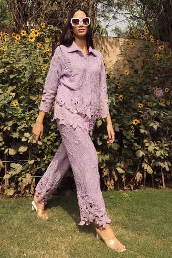 Tasuvure_Purple Cotton, Lace Embroidery, Cut Myra Mesh Floral Pattern Shirt With Pant_at_Aza_Fashions