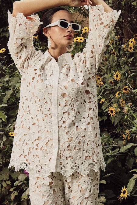 Shop_Tasuvure_White Cotton, Lace Embroidery Collared Myra Mesh Daylily Shirt With Pant_at_Aza_Fashions