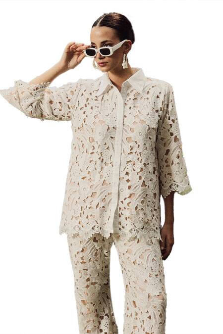 Tasuvure_White Cotton, Lace Embroidery Collared Myra Mesh Daylily Shirt With Pant_Online_at_Aza_Fashions