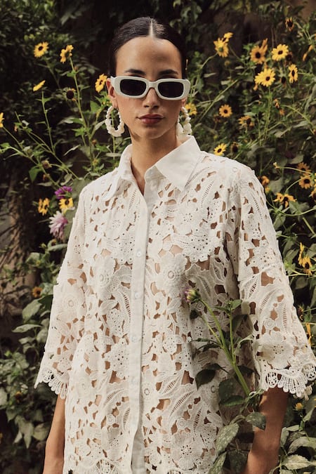Buy_Tasuvure_White Cotton, Lace Embroidery Collared Myra Mesh Daylily Shirt With Pant_Online_at_Aza_Fashions