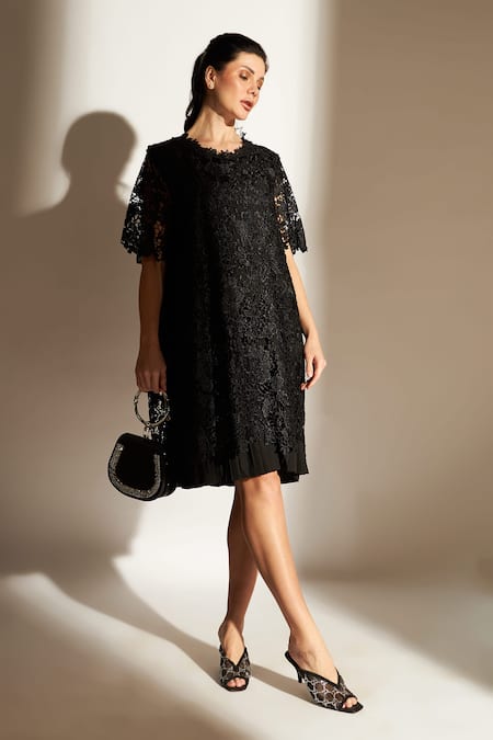 Tasuvure Black Cotton Lace Floral Round Myra Mesh Daisy Dress