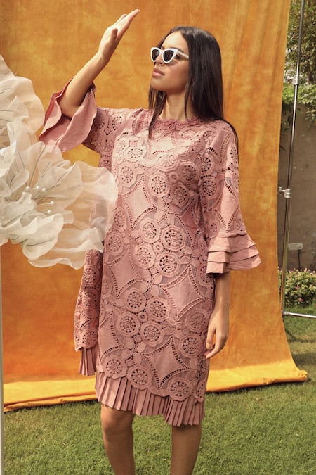 Tasuvure Peach Cotton Lace Kaleidoscopic Round Myra Mesh Dress