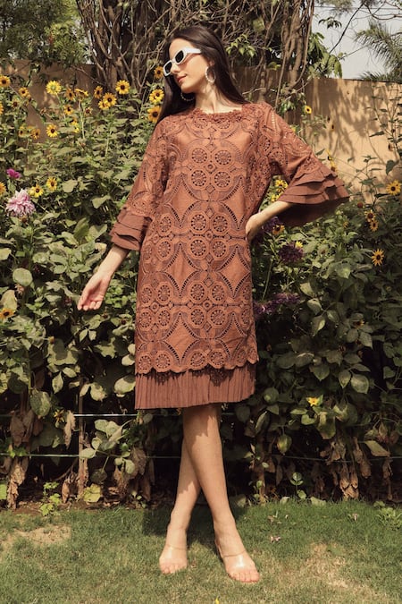Tasuvure Brown Cotton Lace Kaleidoscopic Round Myra Mesh Pattern Dress