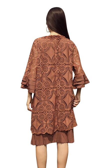 Tasuvure_Brown Cotton, Lace Embroidery Round Neck Myra Mesh Kaleidoscopic Pattern Dress_Online_at_Aza_Fashions