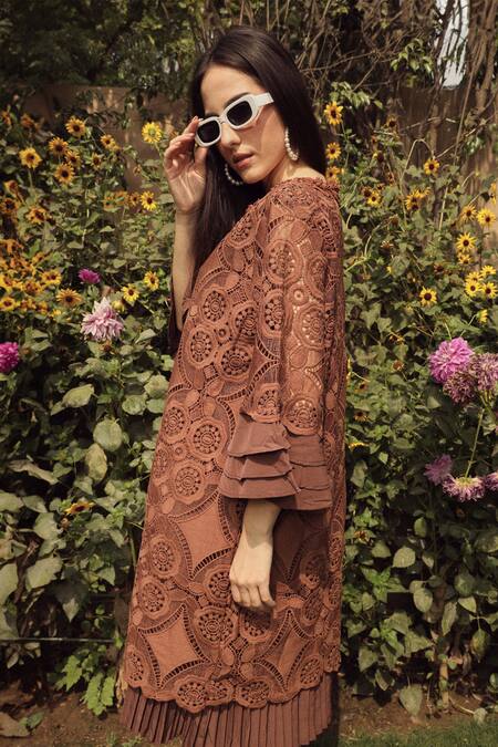Buy_Tasuvure_Brown Cotton, Lace Embroidery Round Neck Myra Mesh Kaleidoscopic Pattern Dress_Online_at_Aza_Fashions