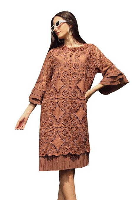 Shop_Tasuvure_Brown Cotton, Lace Embroidery Round Neck Myra Mesh Kaleidoscopic Pattern Dress_Online_at_Aza_Fashions