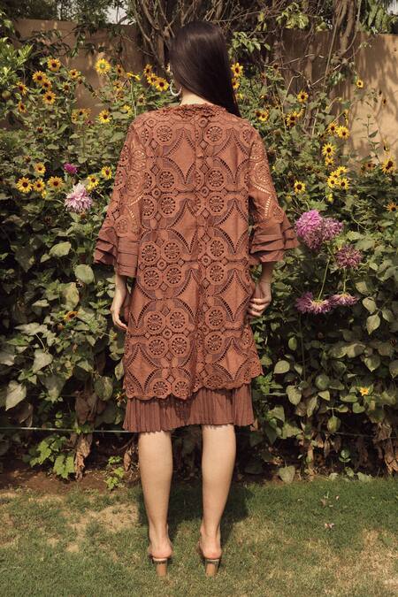 Shop_Tasuvure_Brown Cotton, Lace Embroidery Round Neck Myra Mesh Kaleidoscopic Pattern Dress_at_Aza_Fashions
