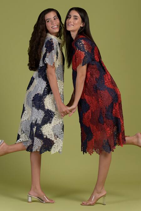 Tasuvure_Blue Cotton, Lace Pearls Mandarin Collar Myra Mesh Rowan Dress_Online_at_Aza_Fashions