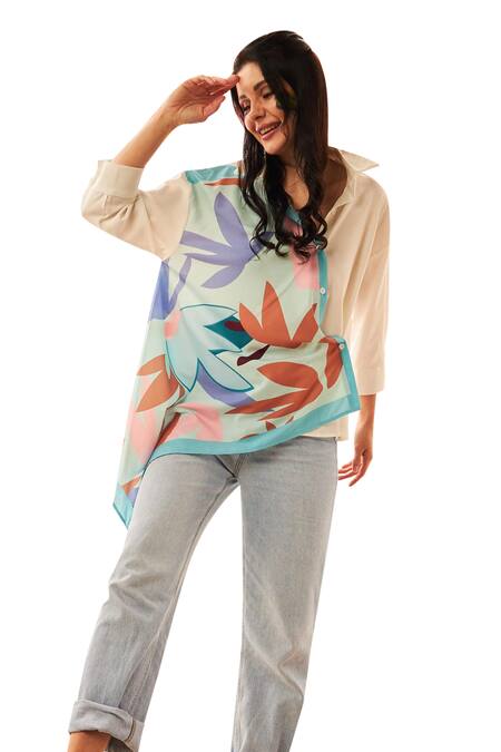 Buy_Tasuvure_White Polyester Collared Dandelion Floral Print Shirt _Online_at_Aza_Fashions