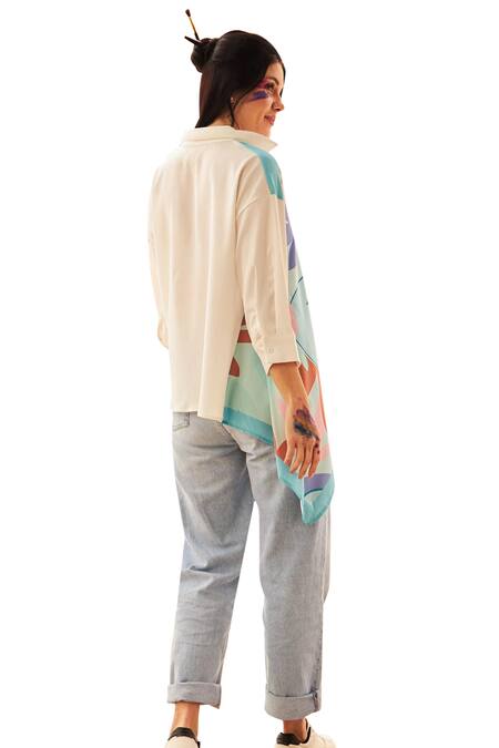Shop_Tasuvure_White Polyester Collared Dandelion Floral Print Shirt _Online_at_Aza_Fashions