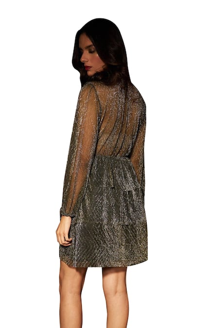Buy_Tasuvure_Black Silk V-neck Divine Plunged Layered Dress _Online_at_Aza_Fashions