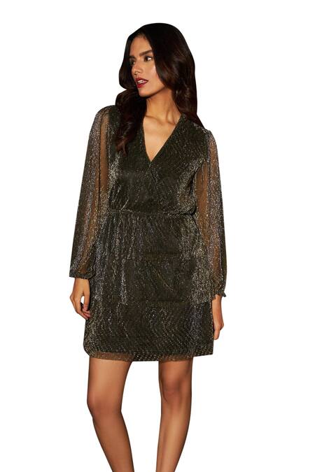 Shop_Tasuvure_Black Silk V-neck Divine Plunged Layered Dress _Online_at_Aza_Fashions