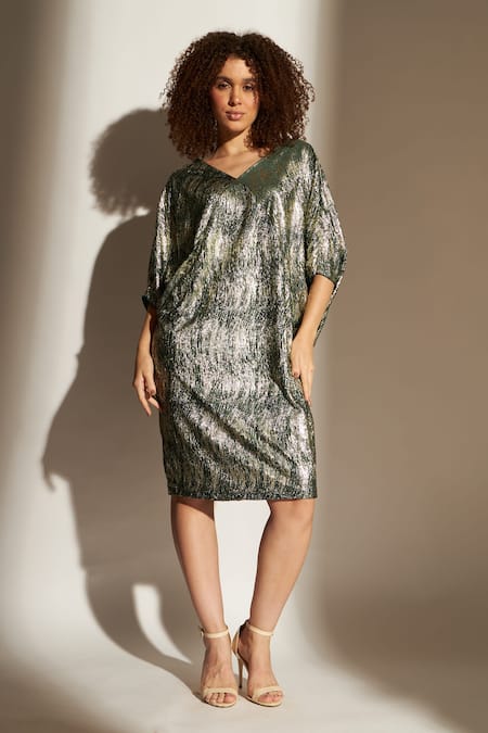 Tasuvure Green Metallic V-neck Paris Charm Dress