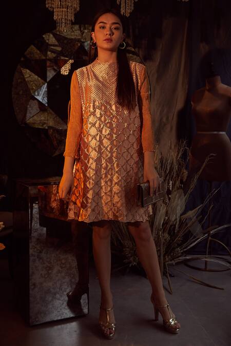 Tasuvure_Beige Satin Turtle Neck Fiona Fish Bait A-line Dress _Online_at_Aza_Fashions