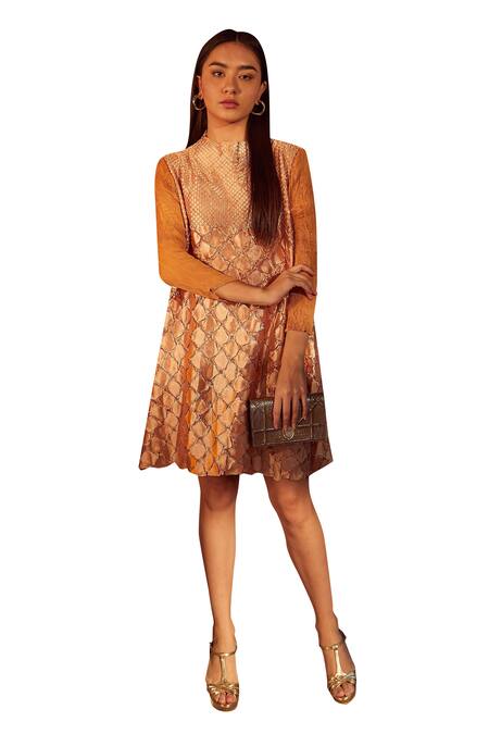 Buy_Tasuvure_Beige Satin Turtle Neck Fiona Fish Bait A-line Dress _Online_at_Aza_Fashions