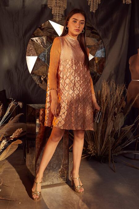 Shop_Tasuvure_Beige Satin Turtle Neck Fiona Fish Bait A-line Dress _Online_at_Aza_Fashions