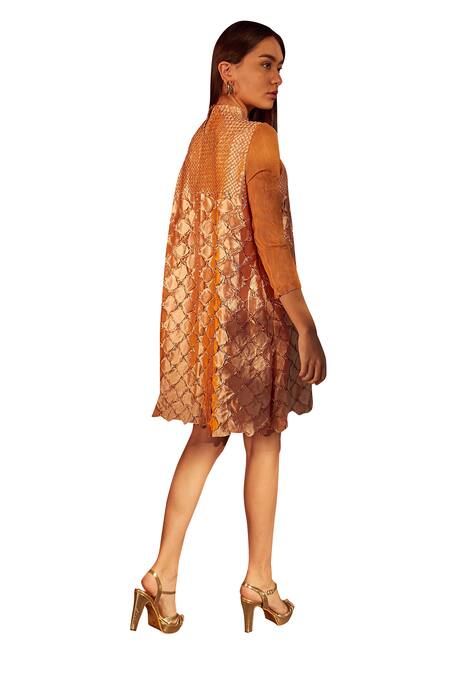 Tasuvure_Beige Satin Turtle Neck Fiona Fish Bait A-line Dress _at_Aza_Fashions