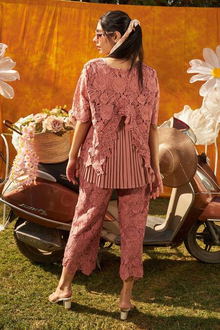 Shop Tasuvure Pink Cotton, Round Neck Myra Mesh Cross Back Top And Pant Set at Aza Fashions Shop_Tasuvure_Pink Cotton, Round Neck Myra Mesh Cross Back Top And Pant Set_at_Aza_Fashions