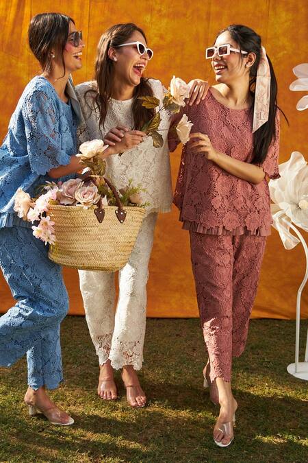 Buy Tasuvure Pink Cotton, Round Neck Myra Mesh Cross Back Top And Pant Set Online at Aza Fashions Buy_Tasuvure_Pink Cotton, Round Neck Myra Mesh Cross Back Top And Pant Set_Online_at_Aza_Fashions