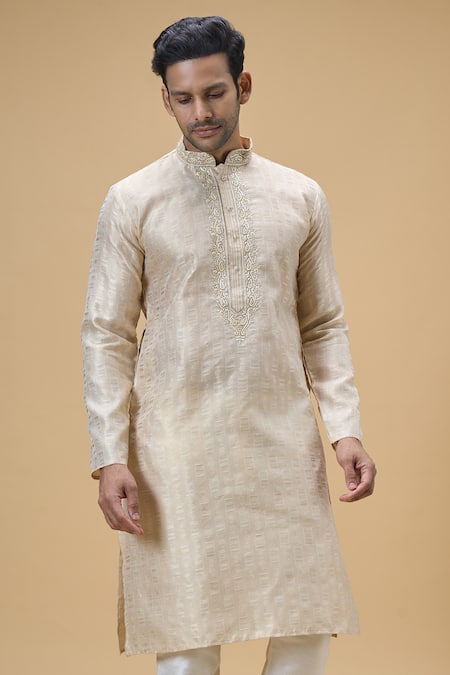 Buy_Arihant Rai Sinha_Beige Jacquard, Silk Embroidery Paisley Placket Kurta 