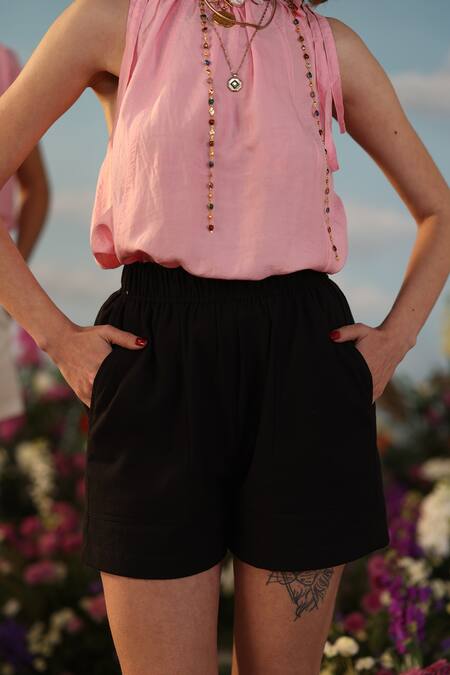 Label Rama_Black Handloom Cotton Sunbird Solid Boxy Shorts_Online_at_Aza_Fashions