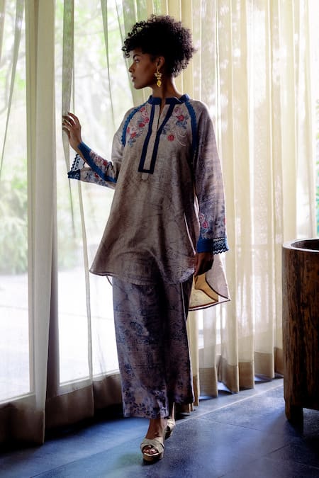 Varun Bahl Blue Chanderi Print Floral Collared Embroidered Tunic With Trouser